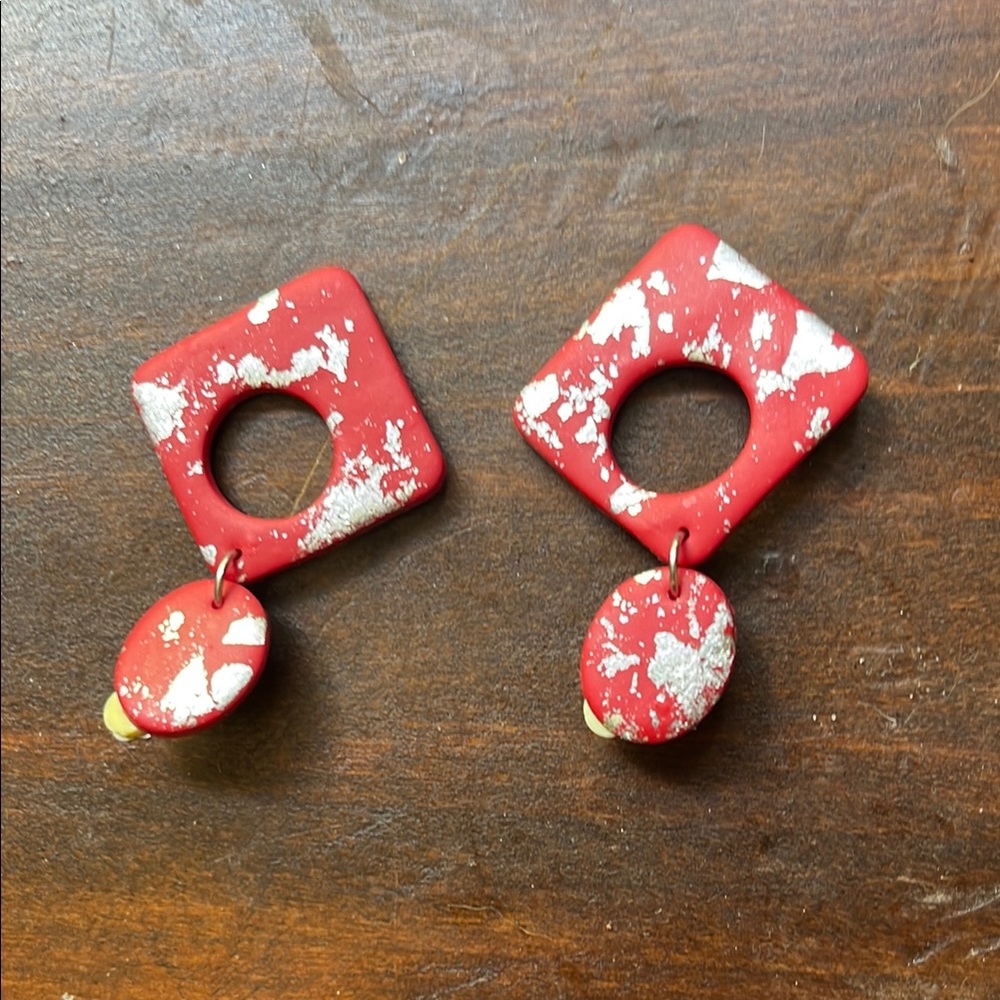 Red and White Geometric Clip-On Earrings